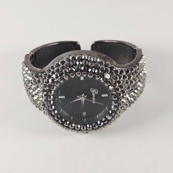 Geneva Women's Silver Tone Rhinestone Cuff Watch Black Dial Quartz 44mm Sparkle - Picture 8 of 14